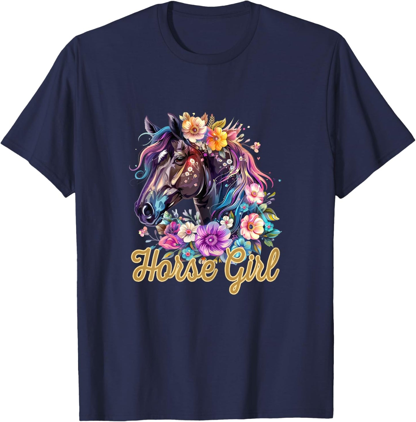 Horse Girl Flower Graphic T-Shirt - T-Shirt | Navy