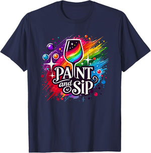 Paint Lover Sip Party Art Wine Drinking Rainbow Paint T-Shirt - T-Shirt | Navy