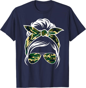 Camouflage Bow Camo Bow Messy Bun Girl Hunting Women T-Shirt - T-Shirt | Navy