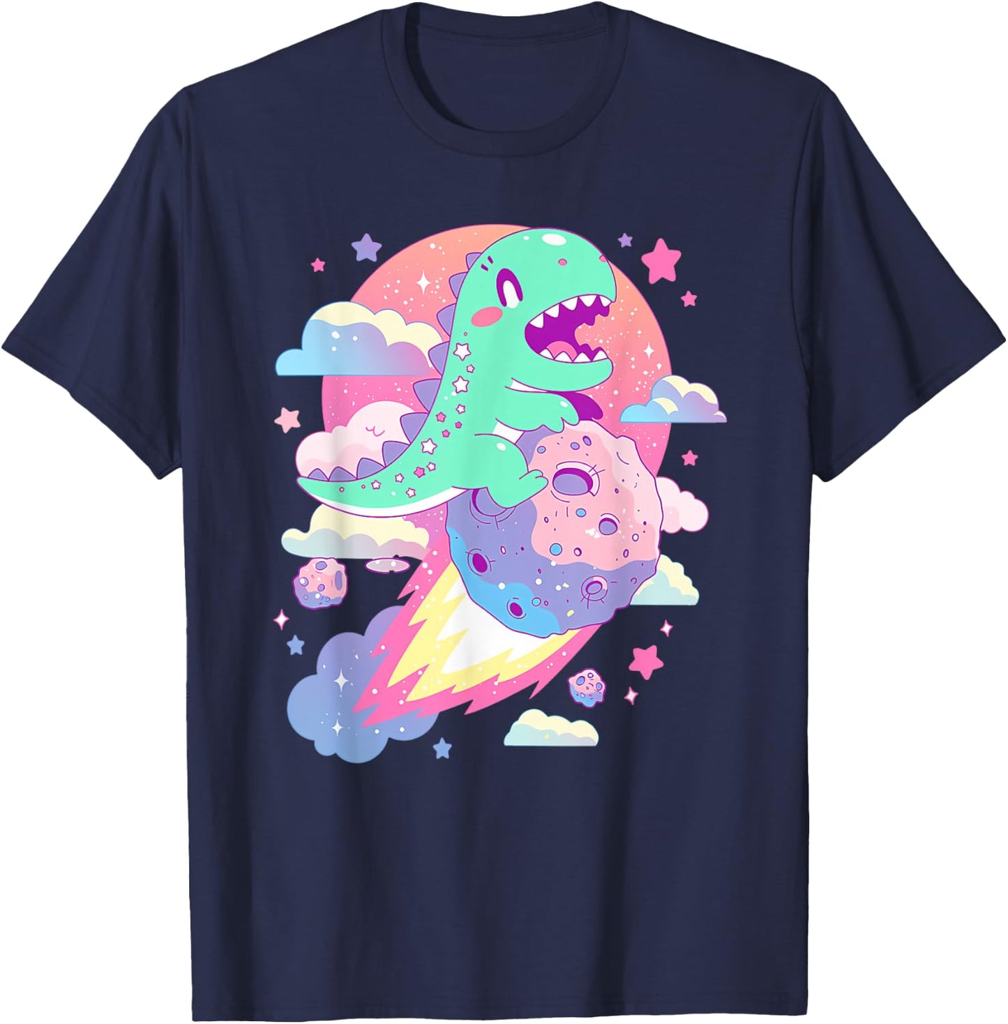 Kawaii Pastel Goth Creepy Cute Chibi Dinosaur on a Comet T-Shirt - T-Shirt | Navy