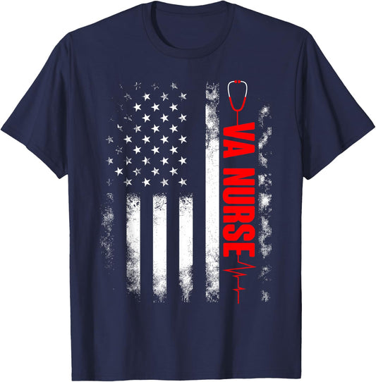 VA Nurse USA American Flag Stethoscope 4th of July T-Shirt - T-Shirt | Navy