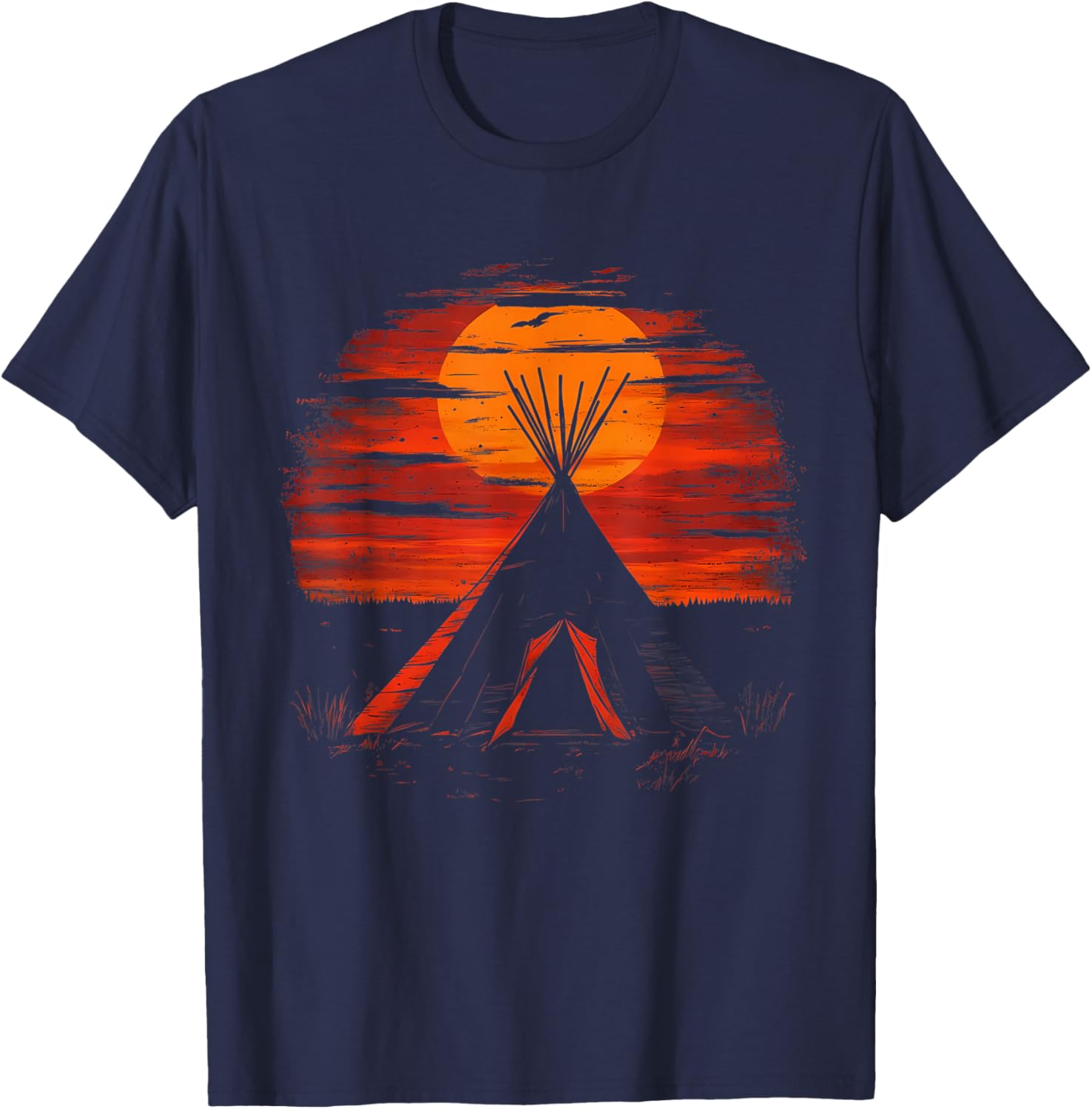 Native American Tipi Tent Indian Tribe Landscape Sunset T-Shirt - T-Shirt | Navy