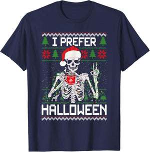 I Prefer Halloween Christmas Sweater Funny Skeleton Xmas T-Shirt - T-Shirt | Navy