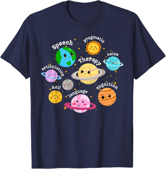 Speech Therapy Solar System Outer Space Pediatric SLP Retro T-Shirt - T-Shirt | Navy