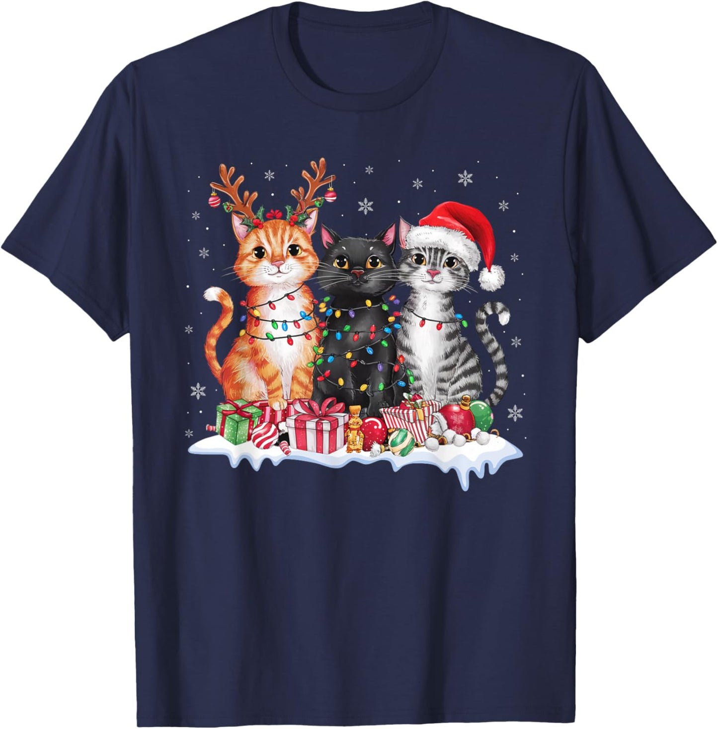 Santa Cat Christmas Light Gorgeous Reindeer Pajama Cat Lover T-Shirt - T-Shirt | Navy