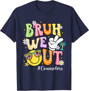 Retro Groovy Bruh We Out Counselors Last Day Of School T-Shirt - T-Shirt | Navy