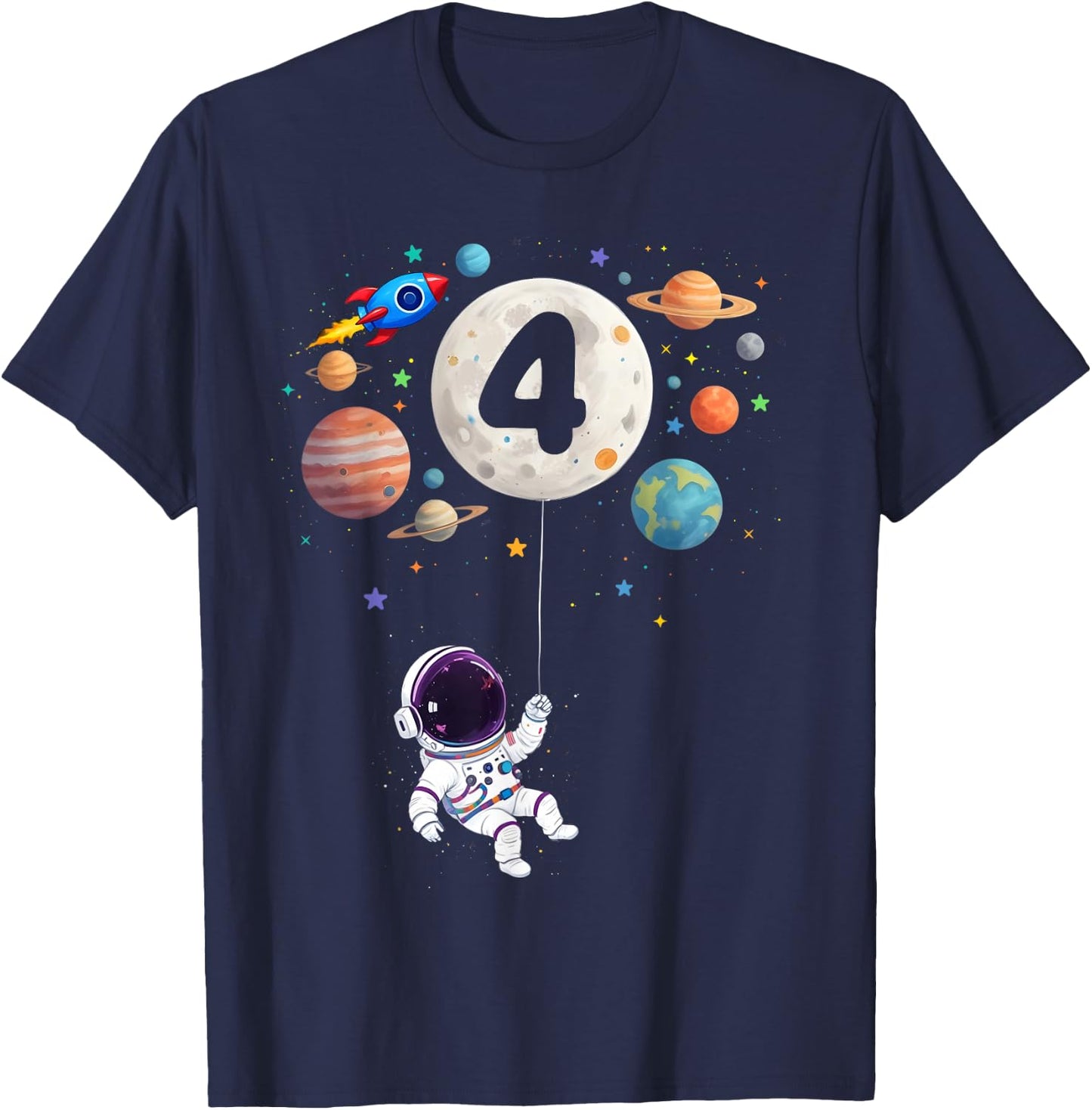 4 Years Old Birthday Space Planets Astronaut 4th Birthday T-Shirt - T-Shirt | Navy