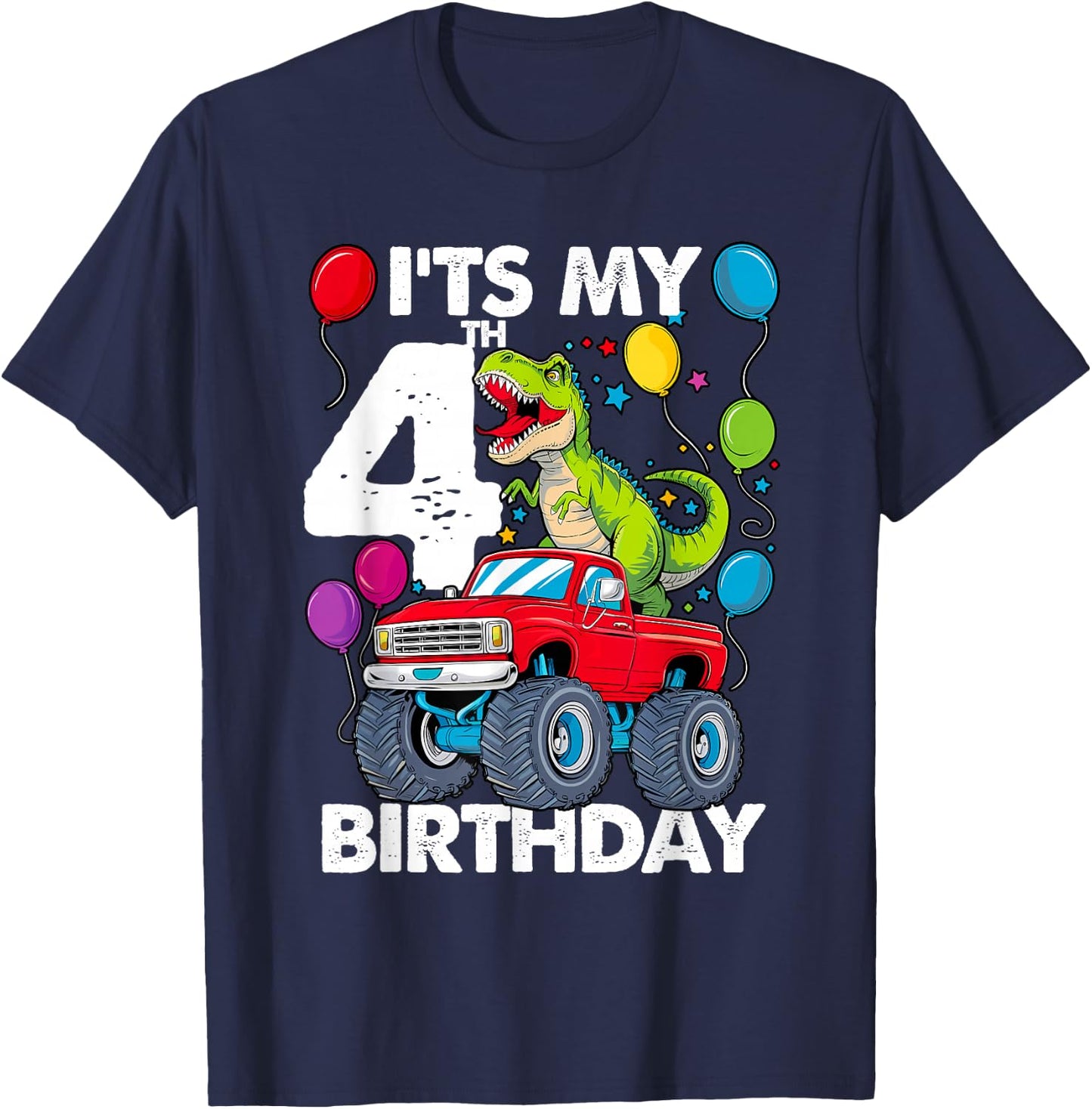 It's My 4th Birthday Dinosaur Monster Truck T-Shirt - T-Shirt | Navy
