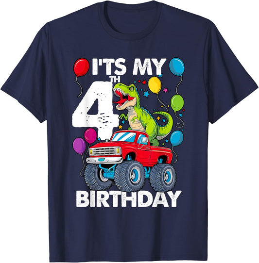 It's My 4th Birthday Dinosaur Monster Truck T-Shirt - T-Shirt | Navy