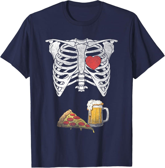 Dad Skeleton Halloween Beer Pizza Funny Pregnancy Couple Men T-Shirt - T-Shirt | Navy