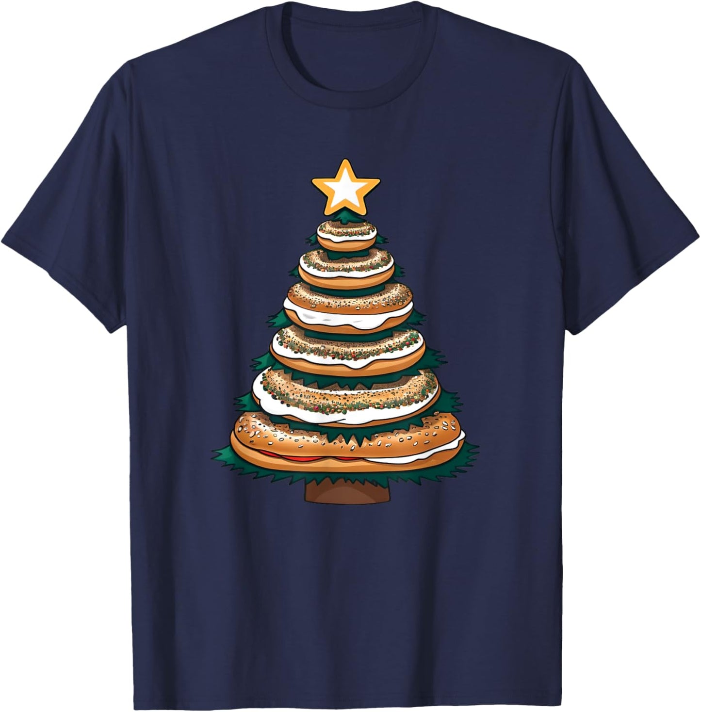 X-mas Breakfast Pastry and Baked Treat -Adults and Kids Blue Small Modern Christmas Everything Bagel with Cream Cheese Christmas Tree T-Shirt - T-Shirt | Navy