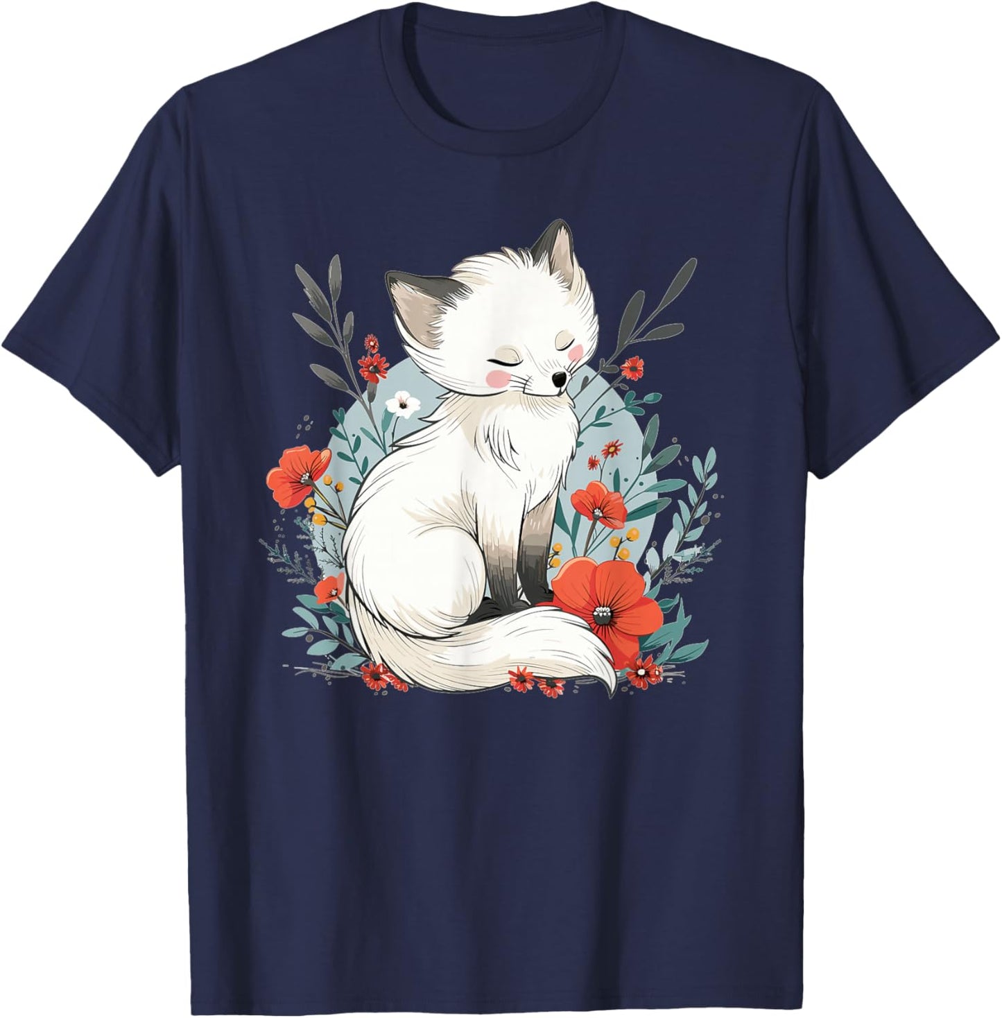 Cute Polar Fox with Flowers I Children's Arctic Fox T-Shirt - T-Shirt | Navy