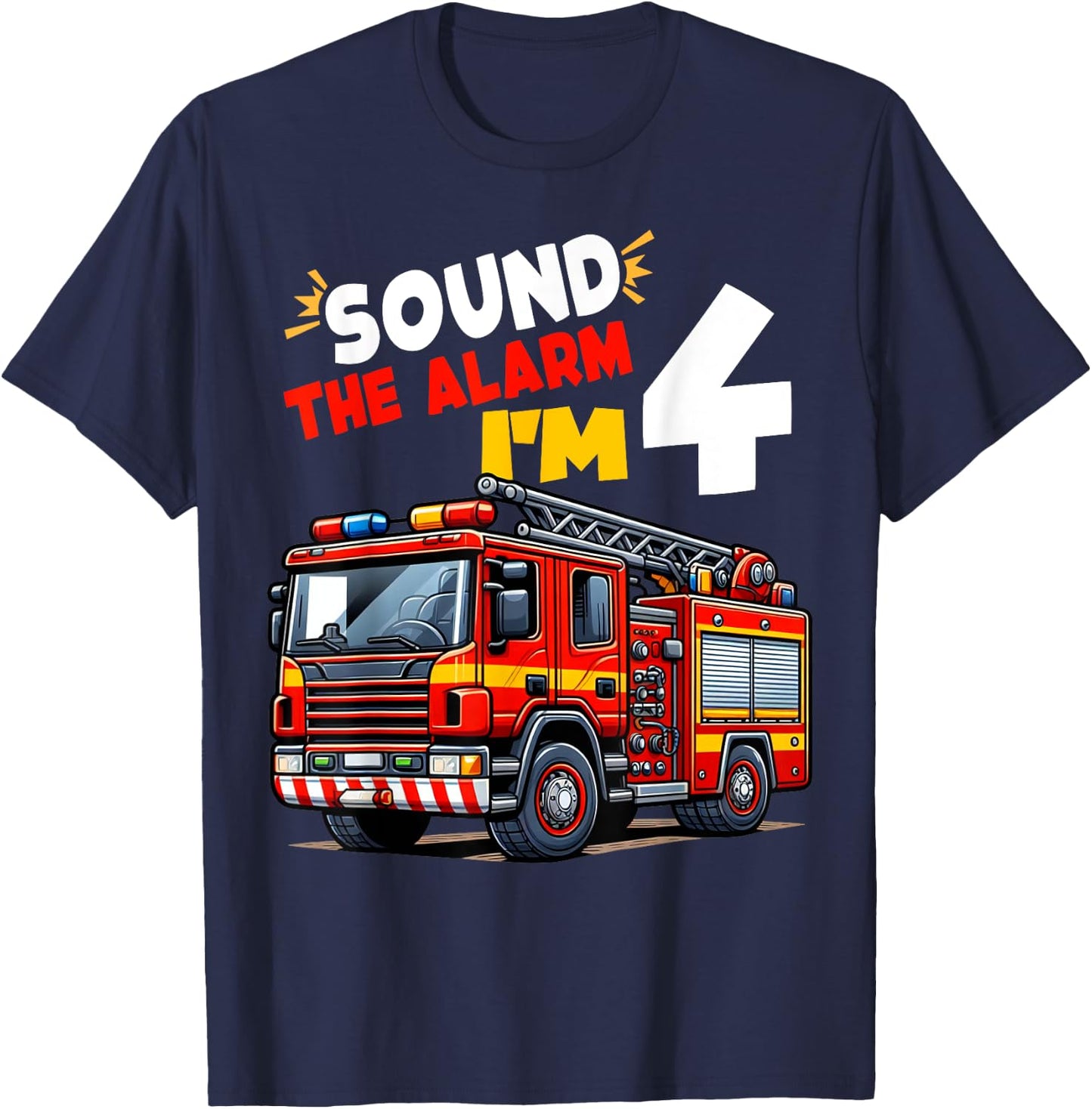 Kids Fire Truck Firefighter Boy 4th Birthday 4 Years Old T-Shirt - T-Shirt | Navy