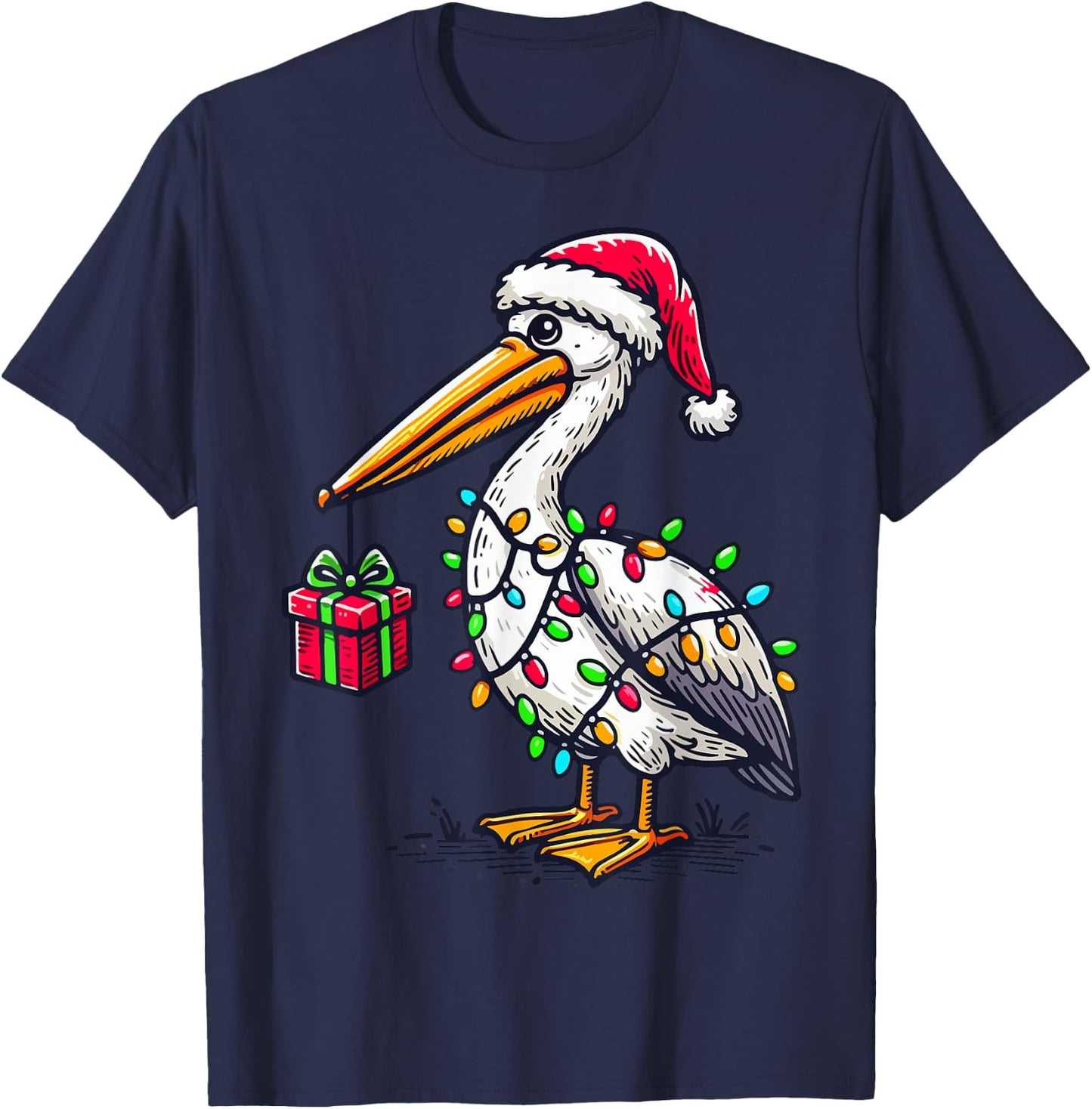 Pelican Bird Wearing Santa Hat, Holding A Present Box Xmas T-Shirt - T-Shirt | Navy