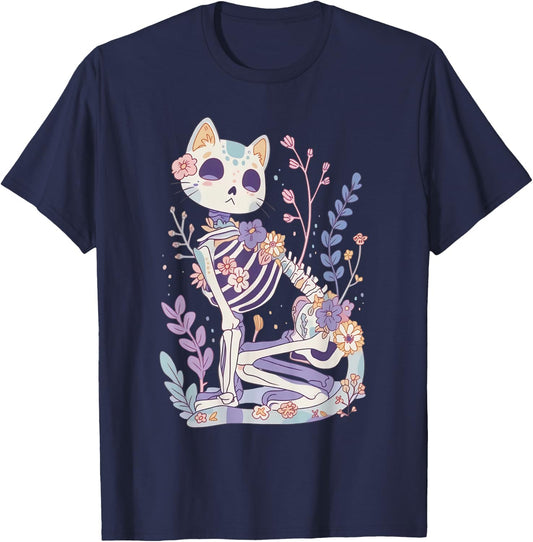 Kawaii Pastel Floral Goth Cute Creepy Cat Skeleton T-Shirt - T-Shirt | Navy