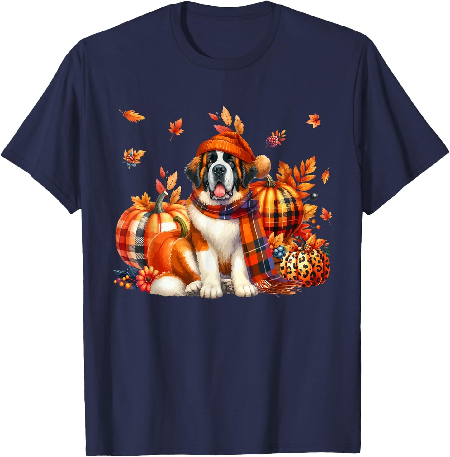 St. Bernard Thanksgiving Leopard Pumpkins Fall Leaves Lover T-Shirt - T-Shirt | Navy