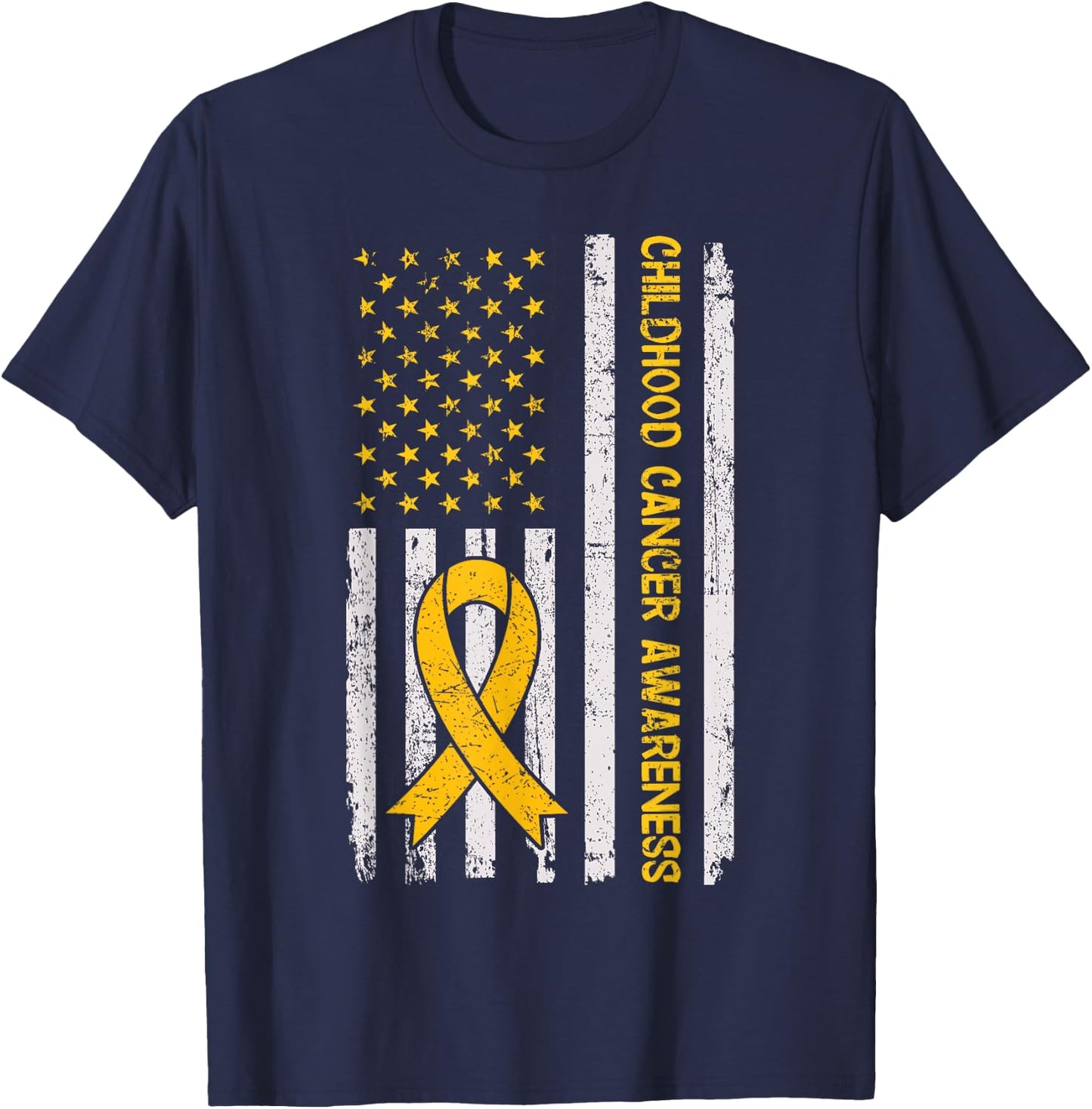 Childhood Cancer Awareness Month Gold Ribbon American Flag T-Shirt - T-Shirt | Navy