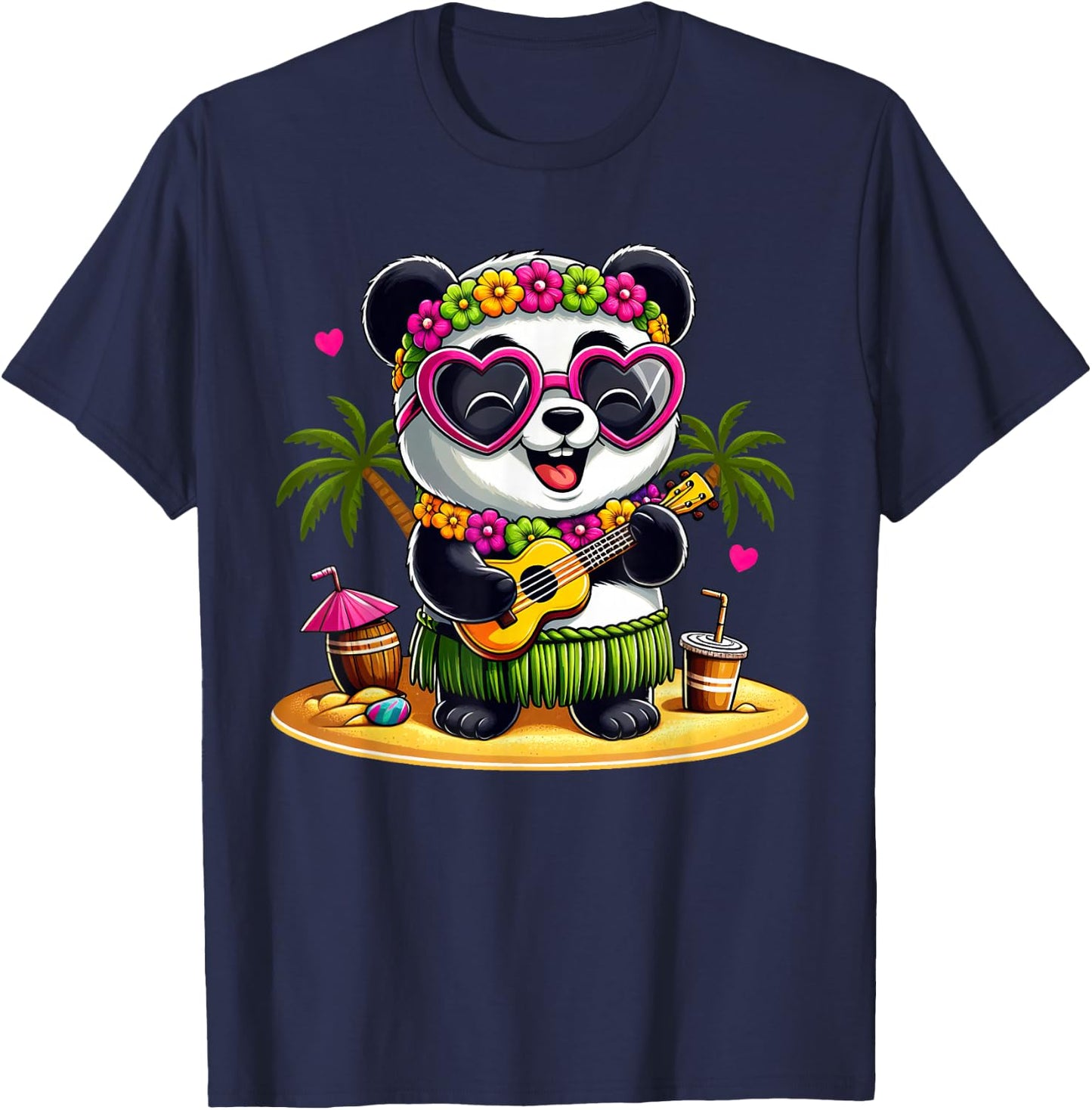 Funny Panda Hawaiian Costume Kids Summer Vacation Panda T-Shirt - T-Shirt | Navy