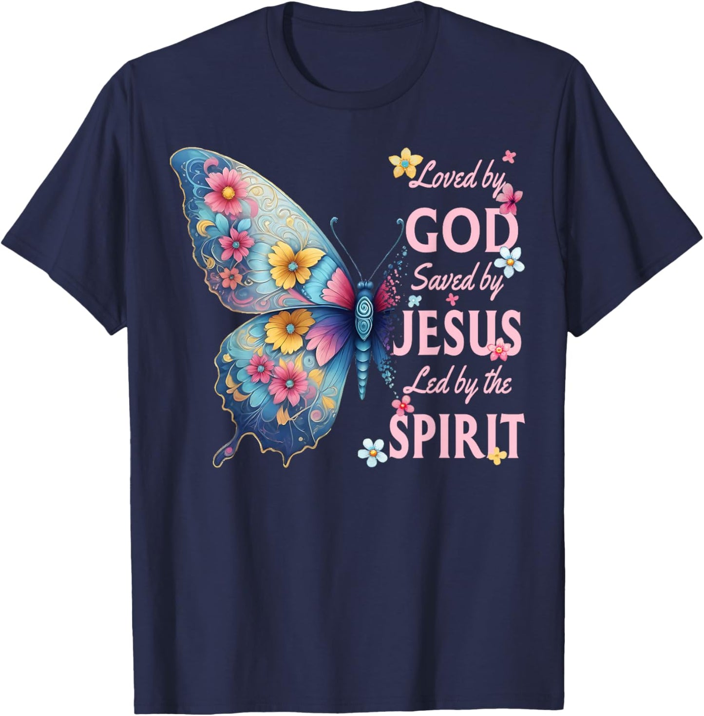 Loved by God Saved by Jesus Christian Floral Butterfly T-Shirt - T-Shirt | Navy