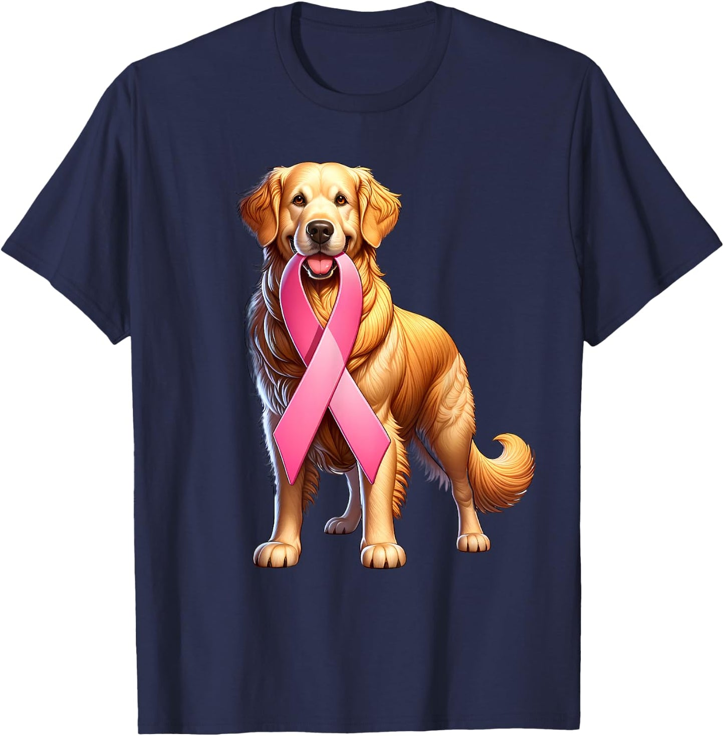 Breast Cancer Awareness Golden Retriever Pink Ribbon Dog T-Shirt - T-Shirt | Navy
