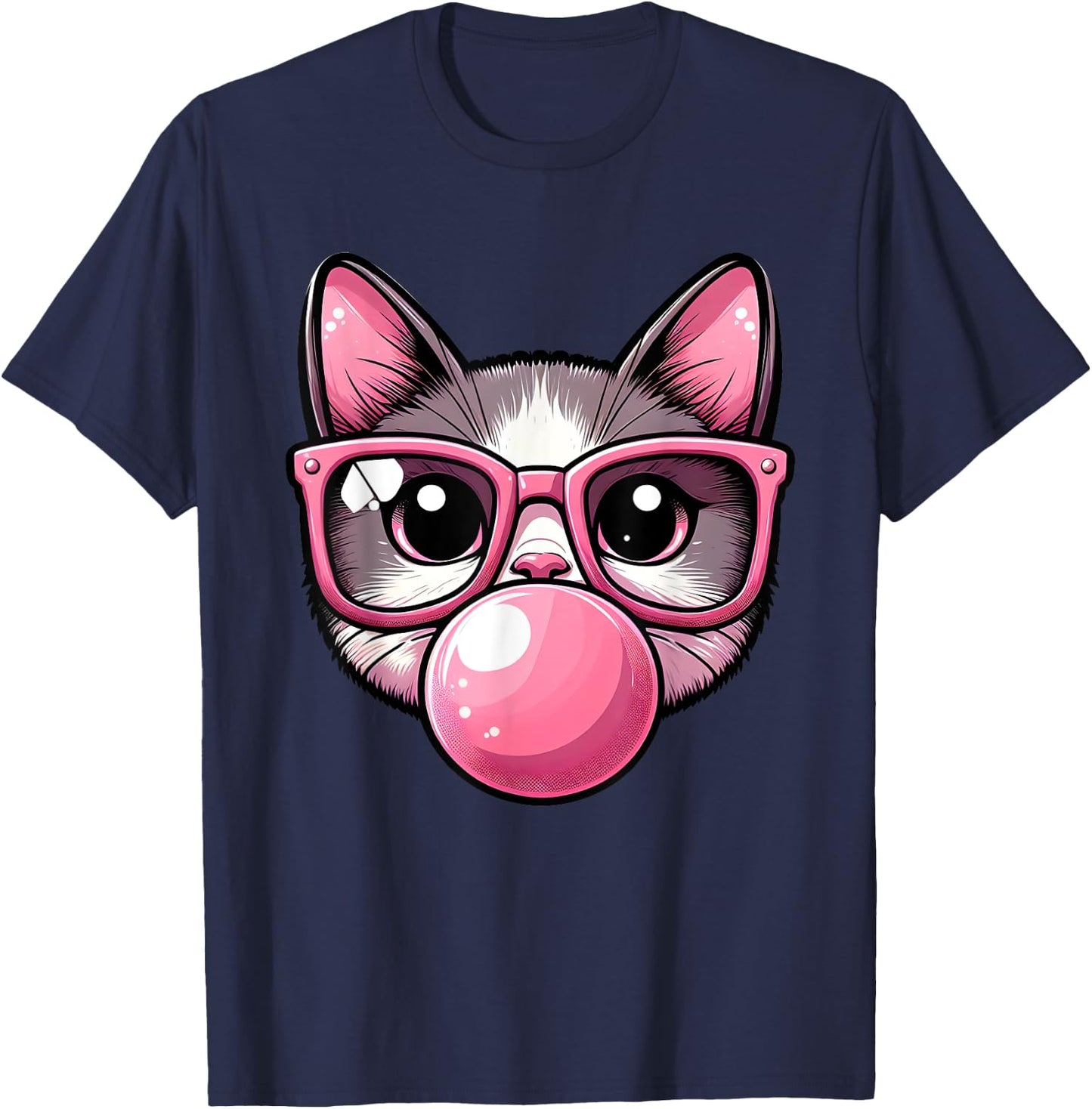 Cute and Funny Cat Pink Sunglasses And Blowing Bubble Gum Men Women Girls Kids T-Shirt - T-Shirt | Navy