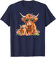 Cute Mama Highland Cow With Baby Calf Boho Floral Mommy Cow T-Shirt - T-Shirt | Navy