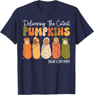 Fall Halloween L and D Nurse Delivering The Cutest Pumpkins T-Shirt - T-Shirt | Navy