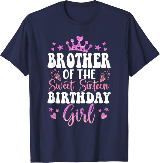 Brother of The Sweet Sixteen Bday Girl 16th Pink Crown T-Shirt - T-Shirt | Navy