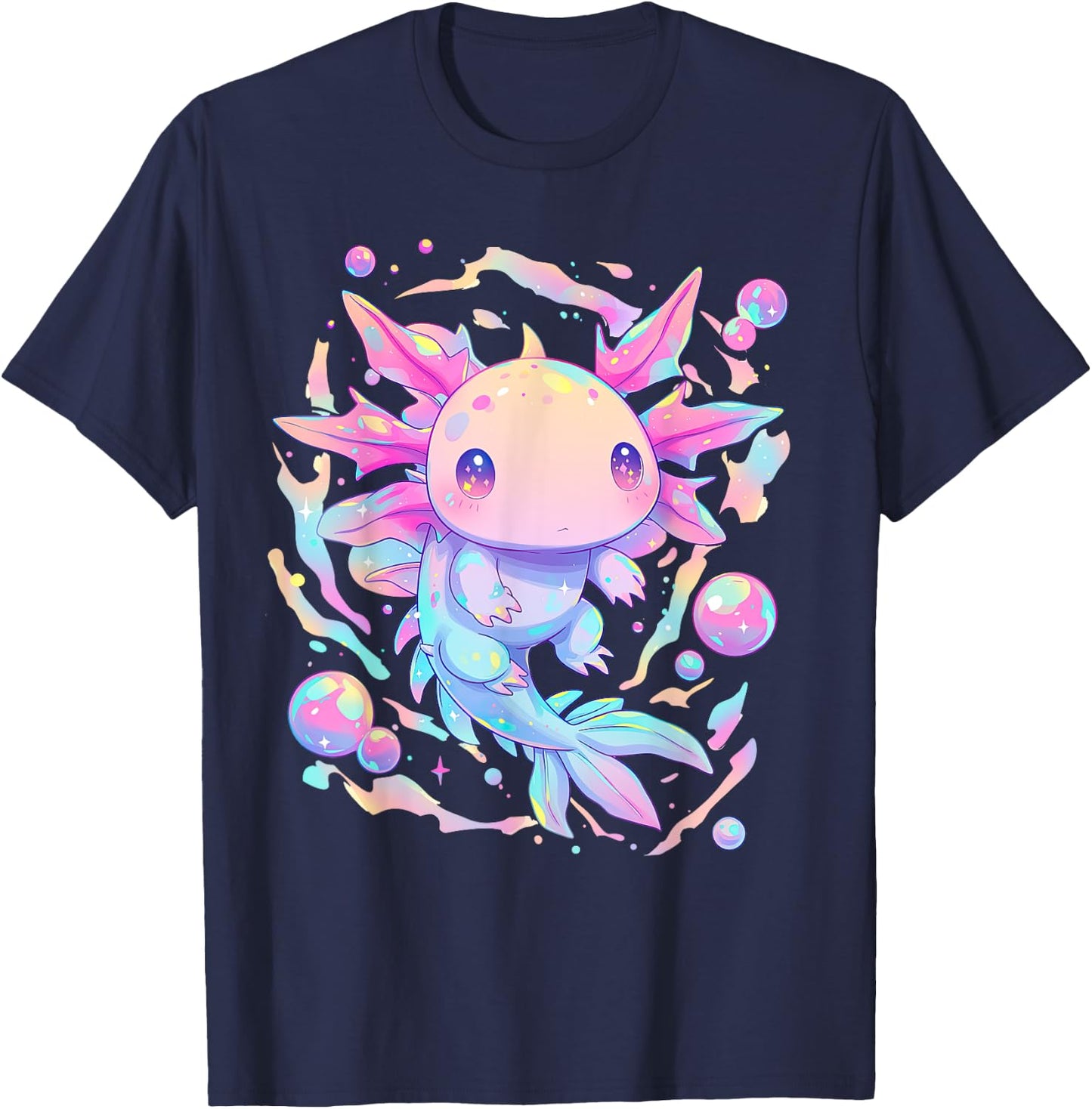 Kawaii Pastel Goth Cute Pink Sparkles Axolotl and Bubbles T-Shirt - T-Shirt | Navy