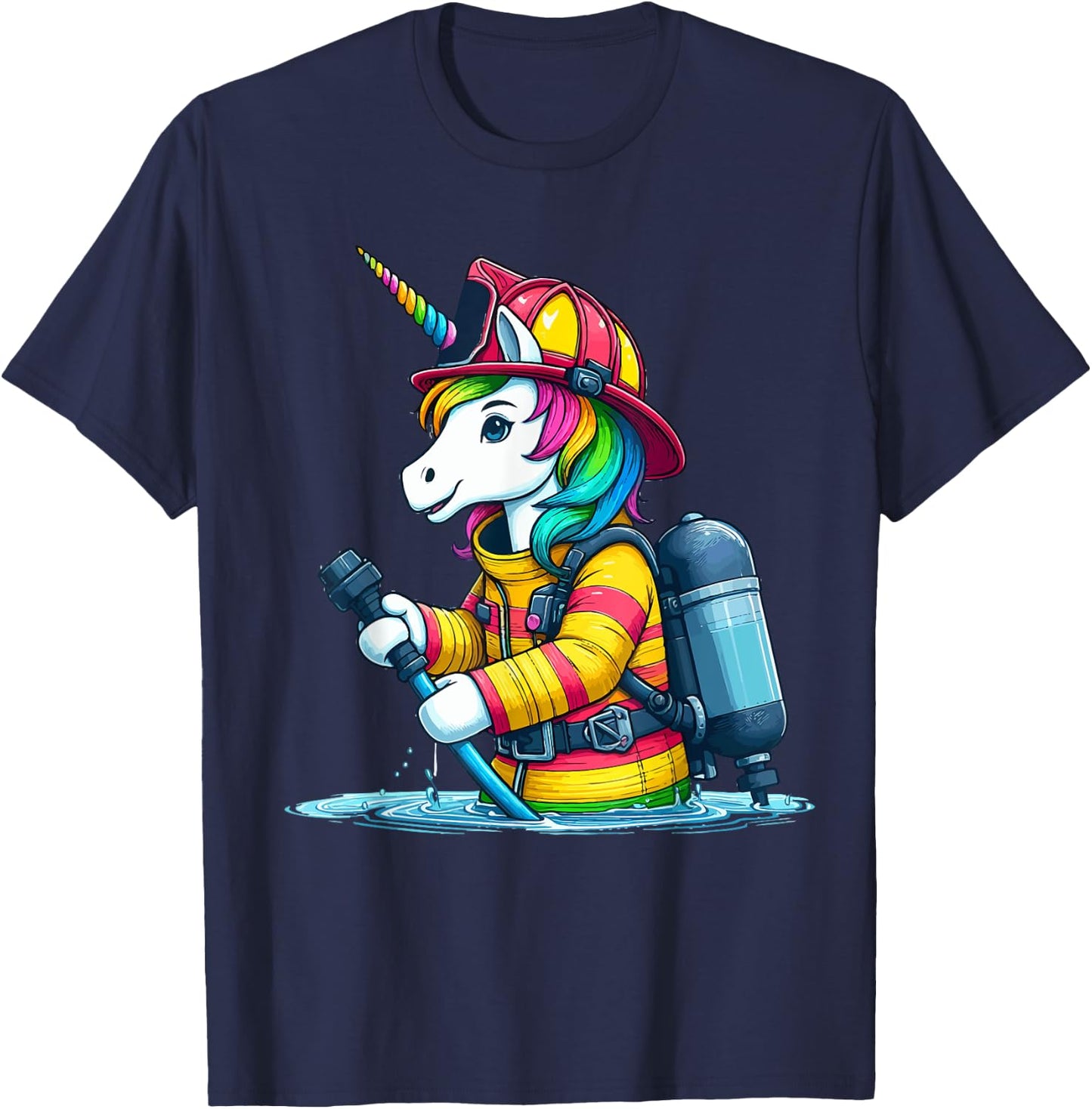 Unicorn Firefighter Fireman Birthday Party Funny Girl Love T-Shirt - T-Shirt | Navy