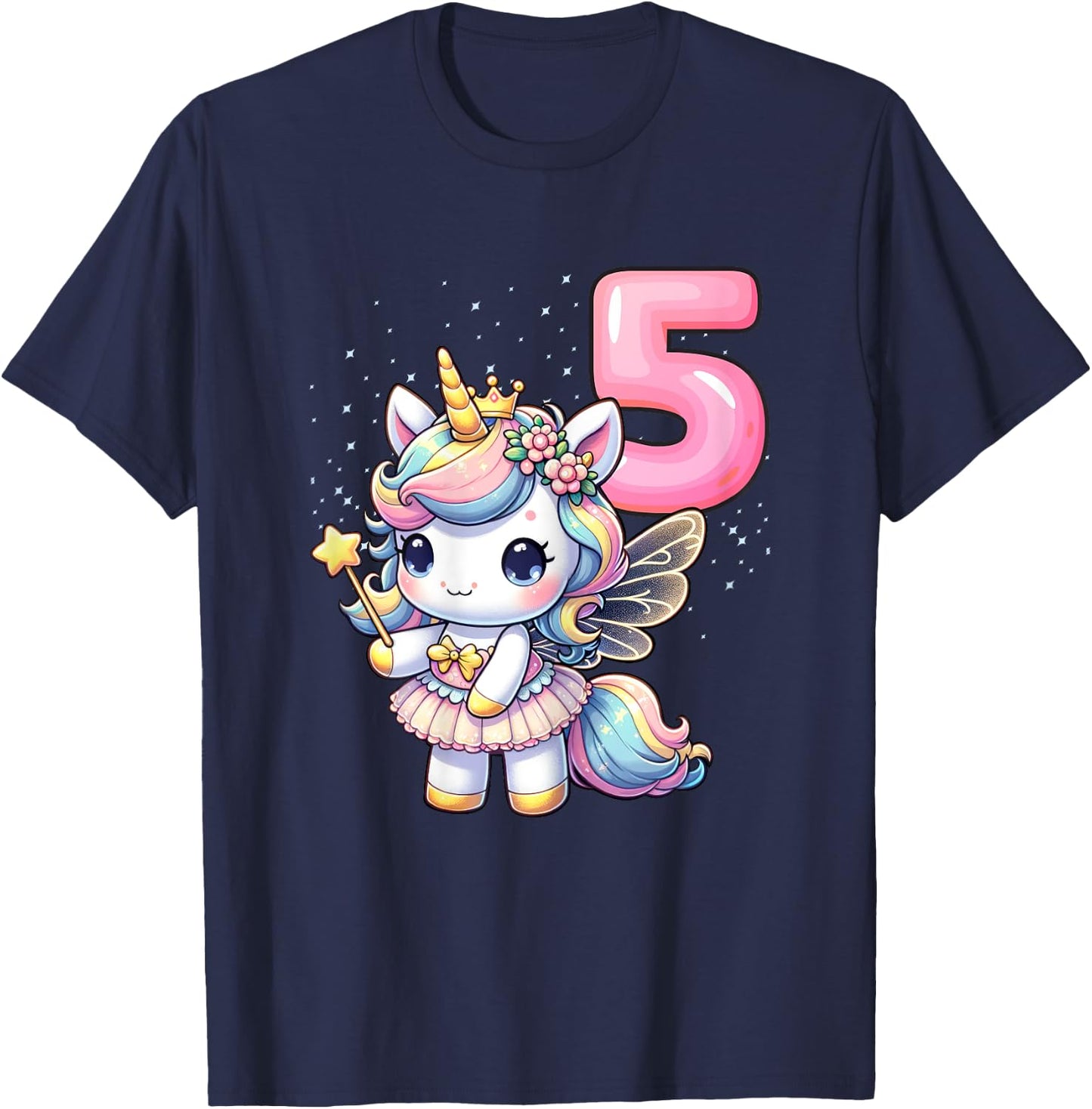 Unicorn Fairy 5th Birthday 5 Year Old Party Girls Outfit T-Shirt - T-Shirt | Navy