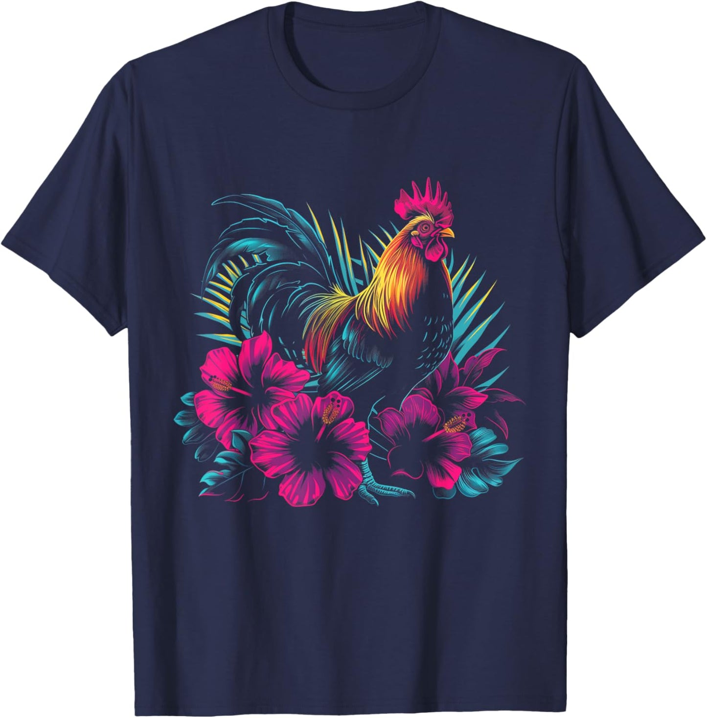 Chicken Hawaiian Flowers Rooster Kauai Hawaii Vintage T-Shirt - T-Shirt | Navy