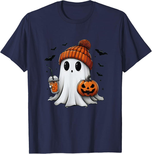 Cute Ghost Drinking Coffee Halloween Ghost Ice Coffee T-Shirt - T-Shirt | Navy