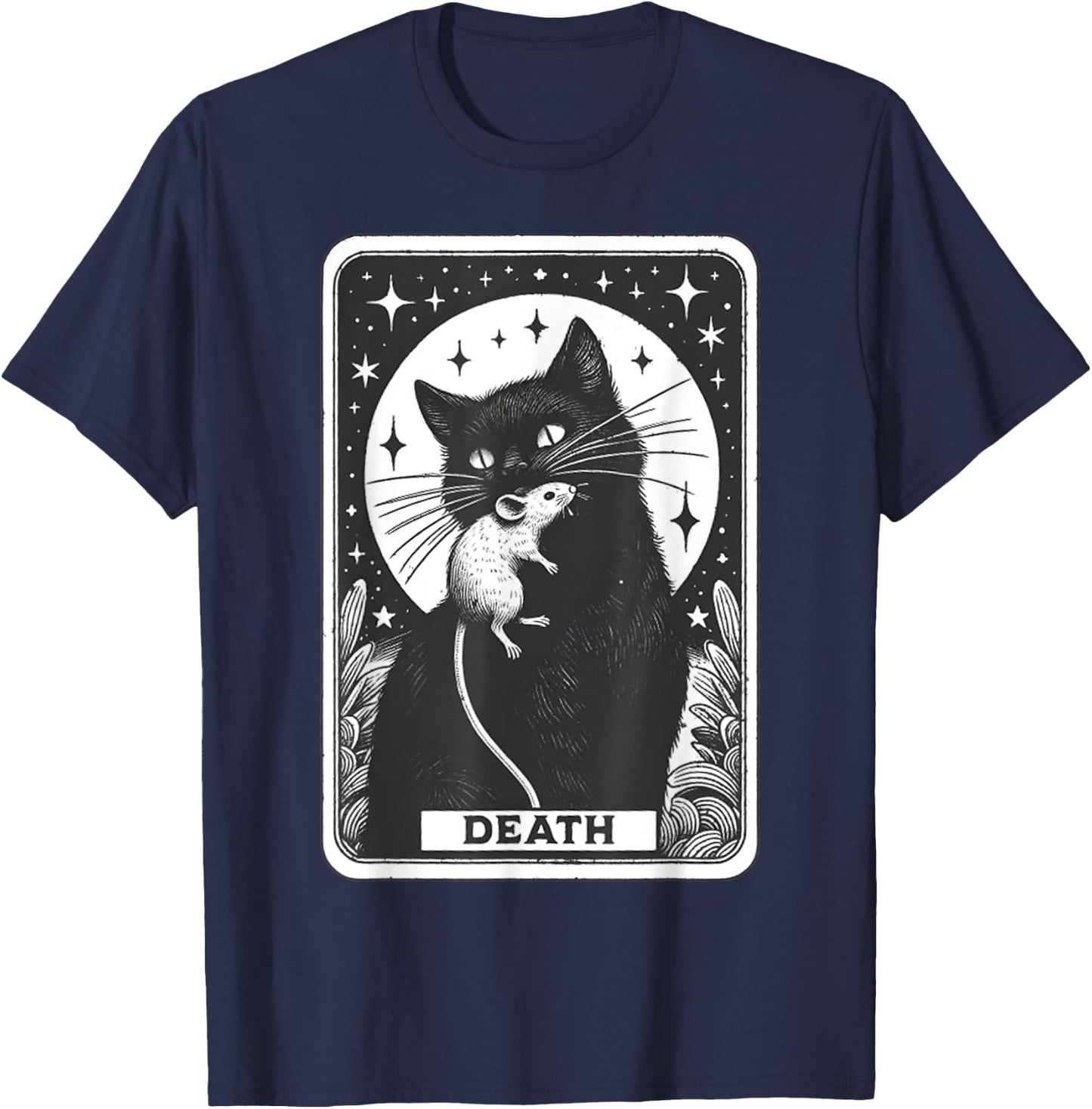 Graphic Cats Lover Moon Death Tarot Card The Cat With Mouse Men Women Girls Kids T-Shirt - T-Shirt | Navy