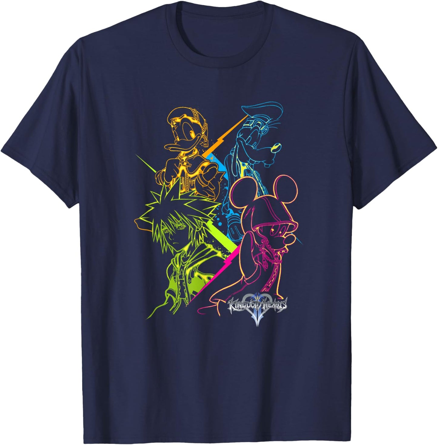 Disney Kingdom Hearts Main Characters Neon Line Art Portrait T-Shirt - T-Shirt | Navy