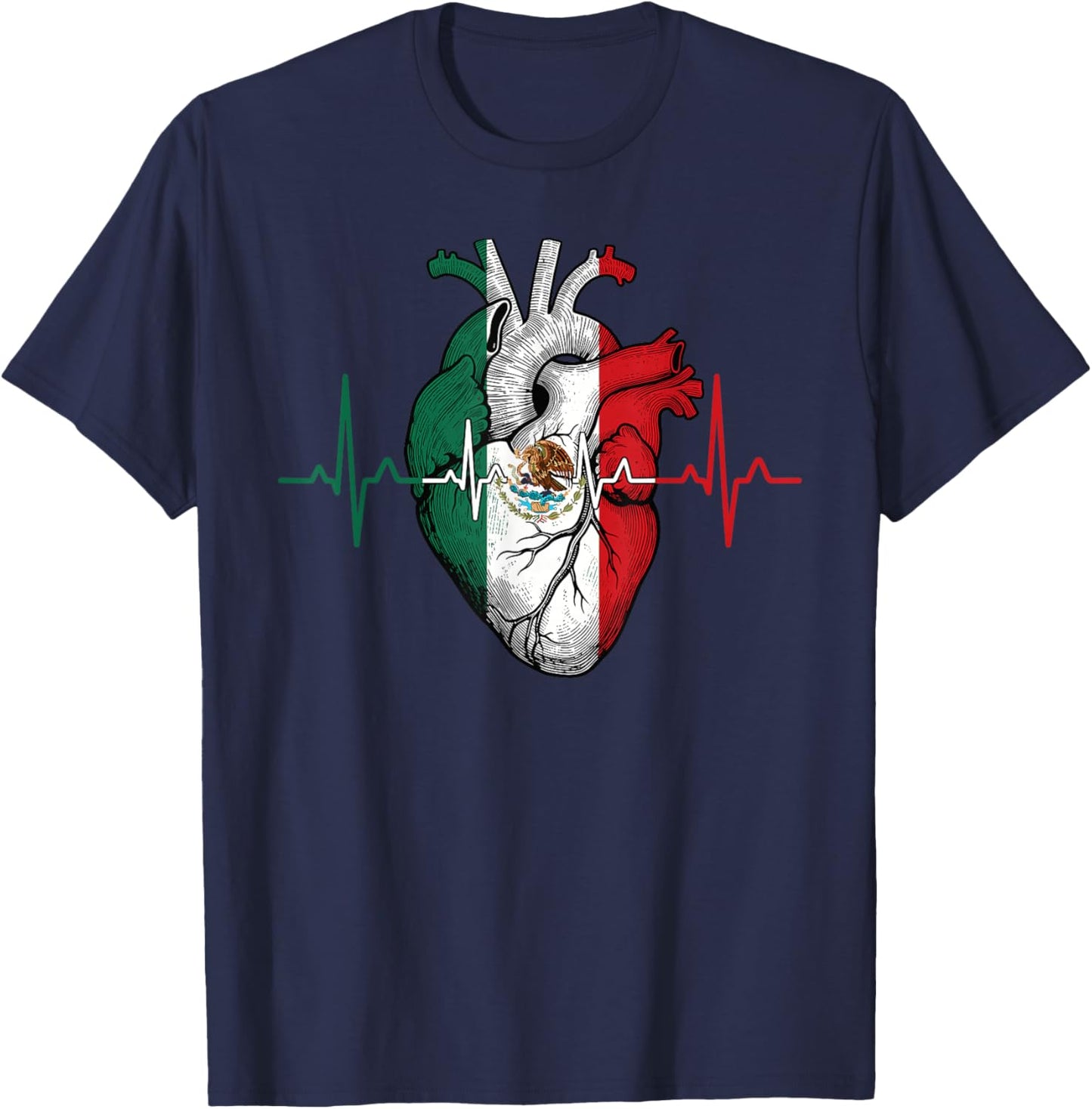 Mexico Flag Heart Mexican Pride Heritage Roots Heartbeat EKG T-Shirt - T-Shirt | Navy