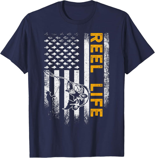 Vintage USA Flag Reel Life, Fisherman, Fishing Lover T-Shirt - T-Shirt | Navy
