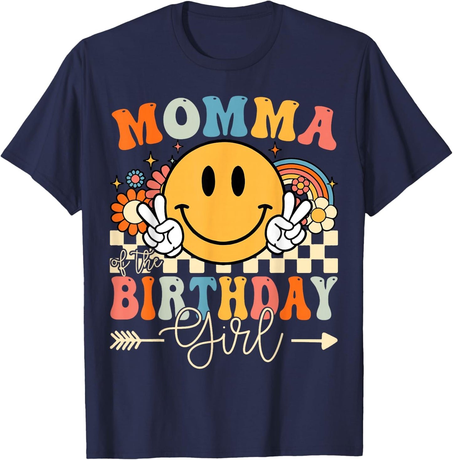 Momma Of The Birthday Girl Groovy Retro Vintage T-Shirt - T-Shirt | Navy