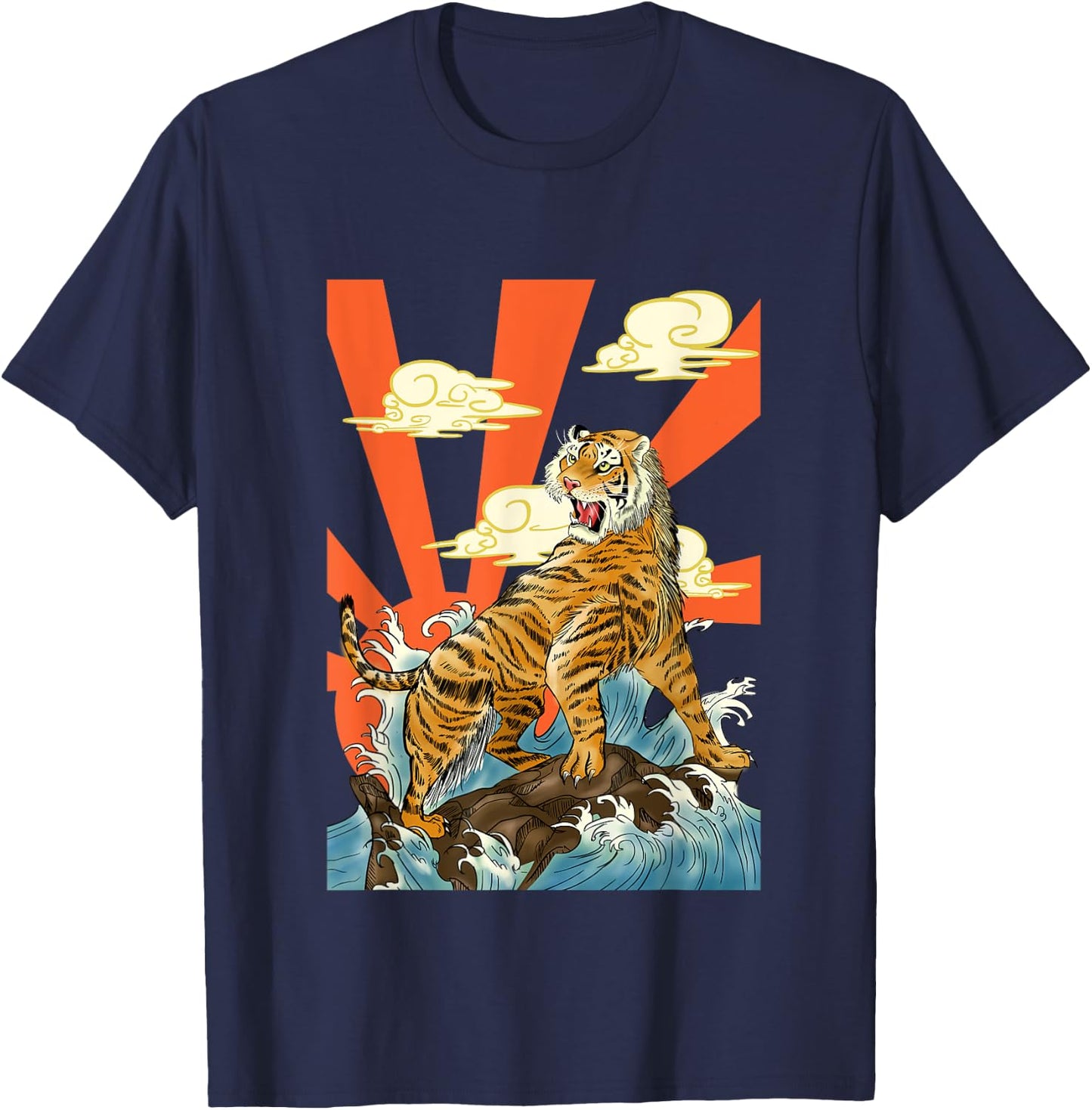 Majestic Tiger Roaring Over Waves with Rising Sun Backdrop T-Shirt - T-Shirt | Navy