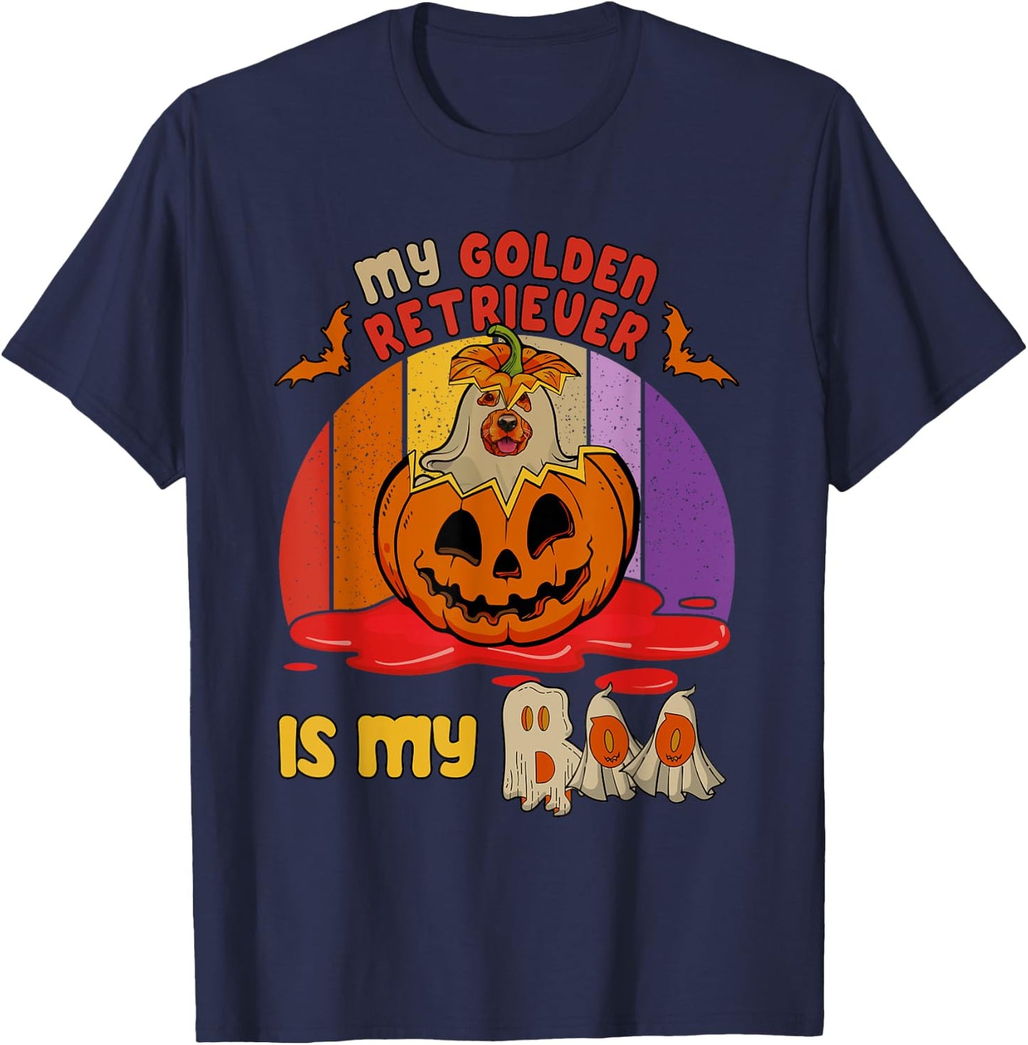 Vintage Retro My Golden Retriever Is My Boo Halloween Dog T-Shirt - T-Shirt | Navy