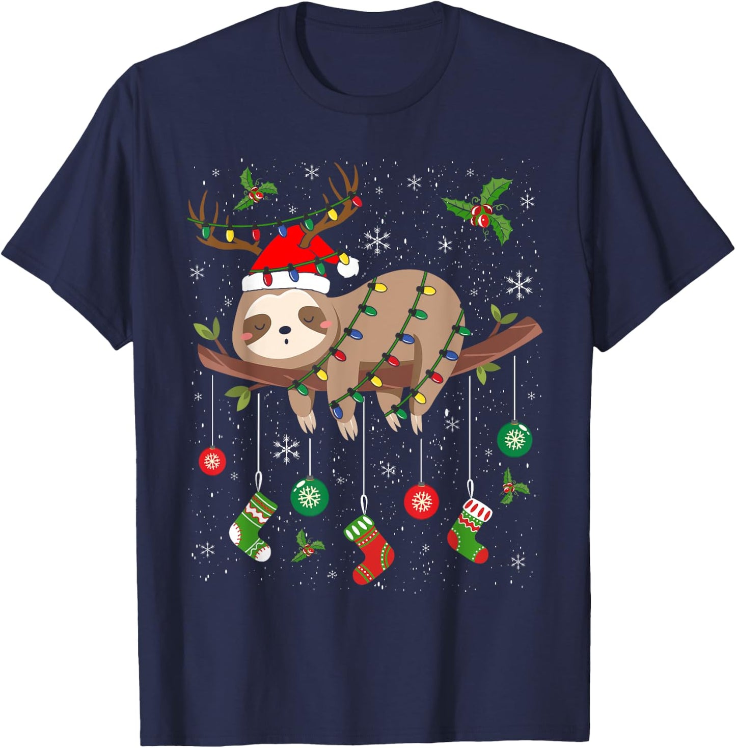 Sloths Xmas Lighting Reindeer Santa Hat Sloth Christmas T-Shirt - T-Shirt | Navy