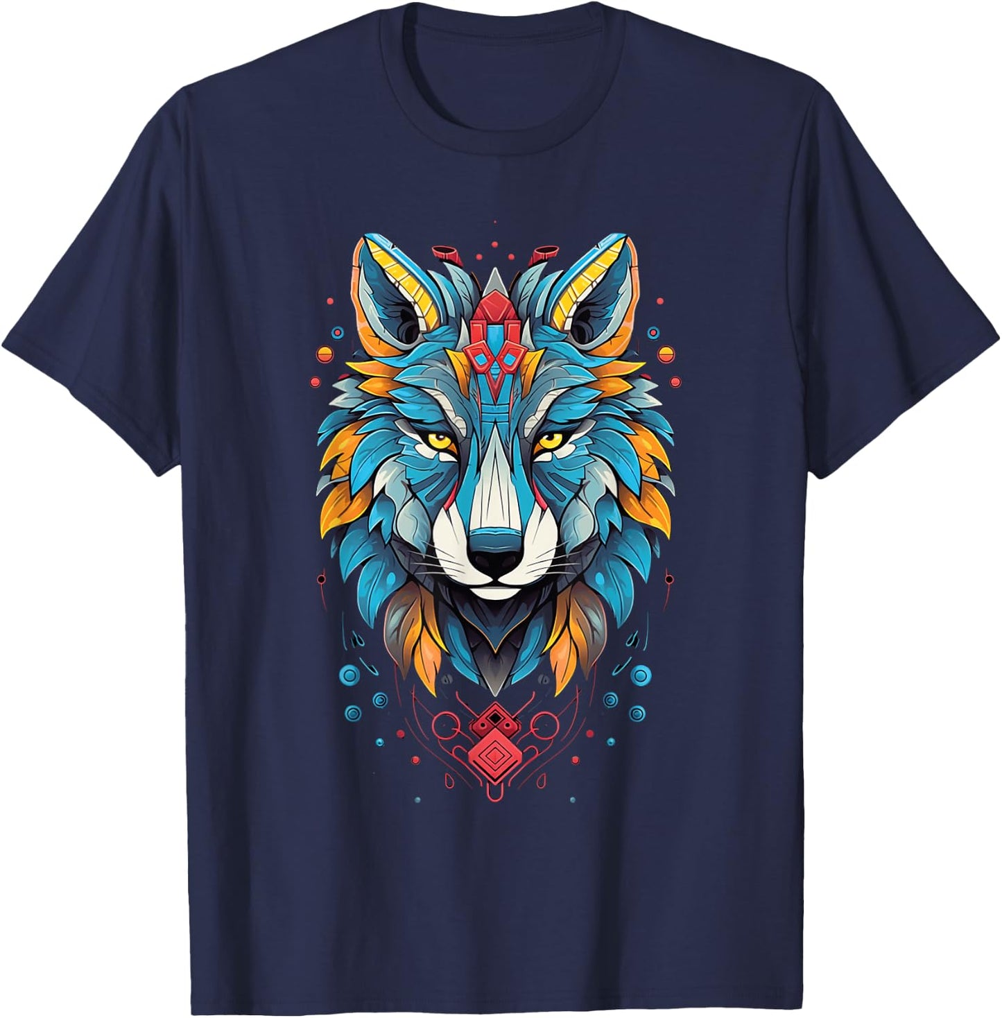 Native American Boho Wolf Splash Art Animal Face Wolf T-Shirt - T-Shirt | Navy