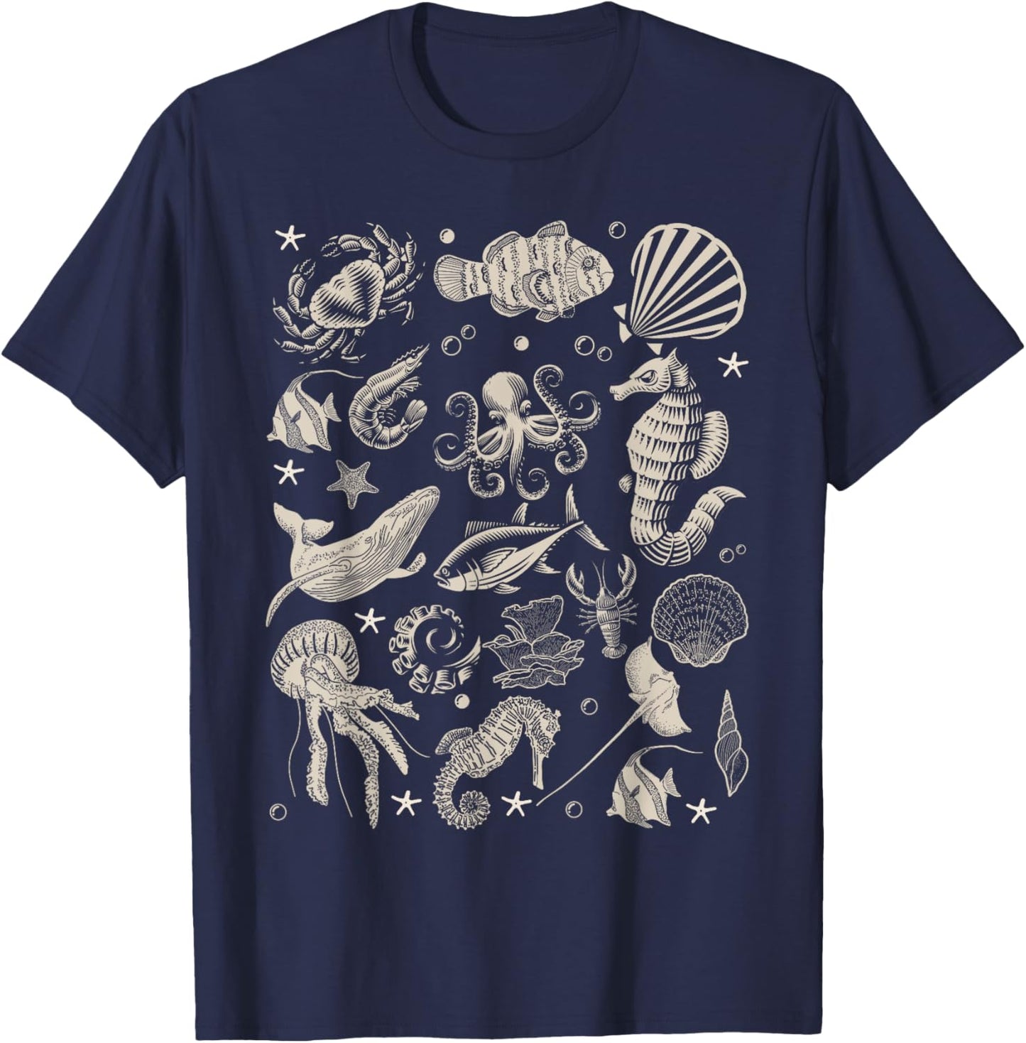 Vintage Ocean Wildlife Shark Turtle Octopus T-Shirt - T-Shirt | Navy
