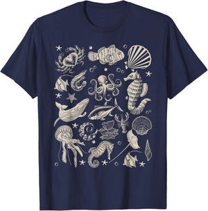 Vintage Ocean Wildlife Shark Turtle Octopus T-Shirt - T-Shirt | Navy