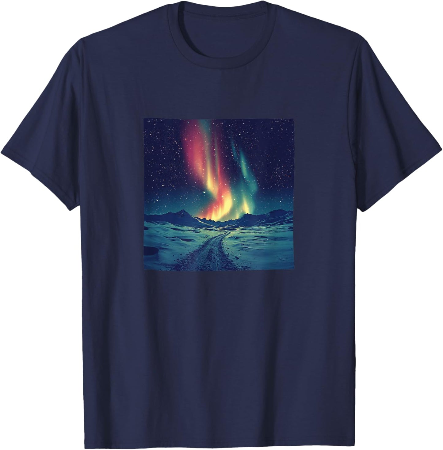 Northern Lights Over Snow Vintage Landscape Graphic T-Shirt - T-Shirt | Navy