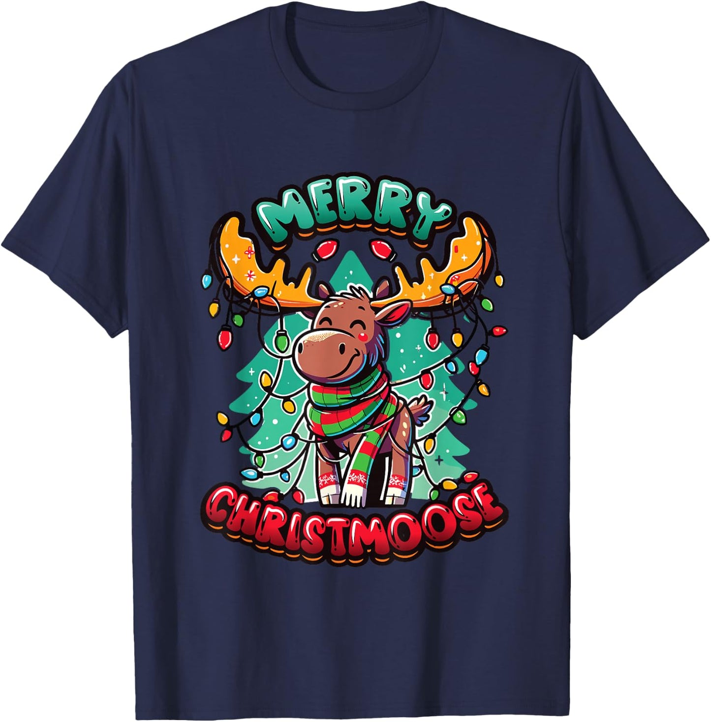 Merry Christmoose Xmas Tree Moose Merry Christmas Moose T-Shirt - T-Shirt | Navy