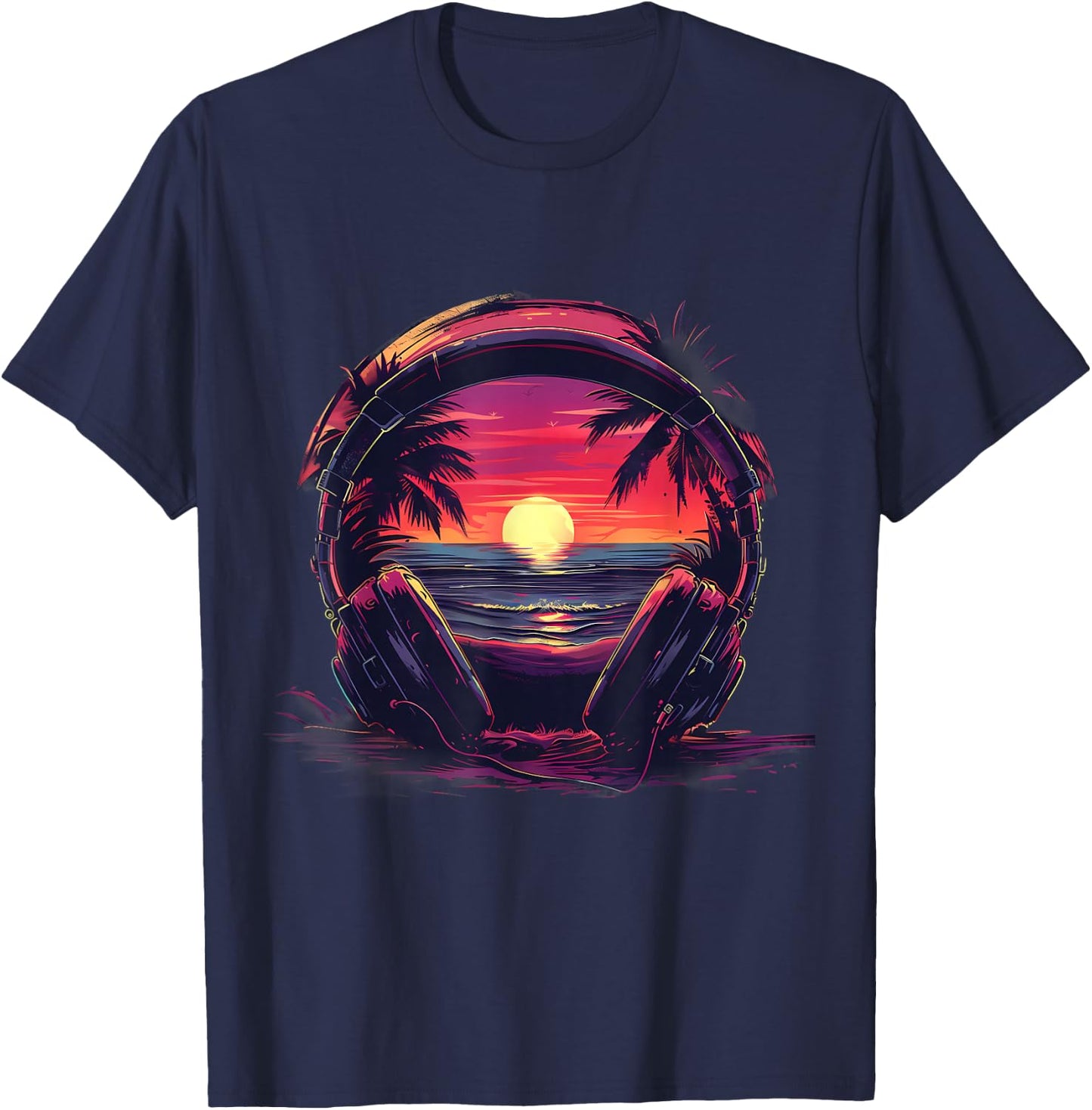 Headphones Music DJ House Music Sunset Artwork Beatmaker T-Shirt - T-Shirt | Navy
