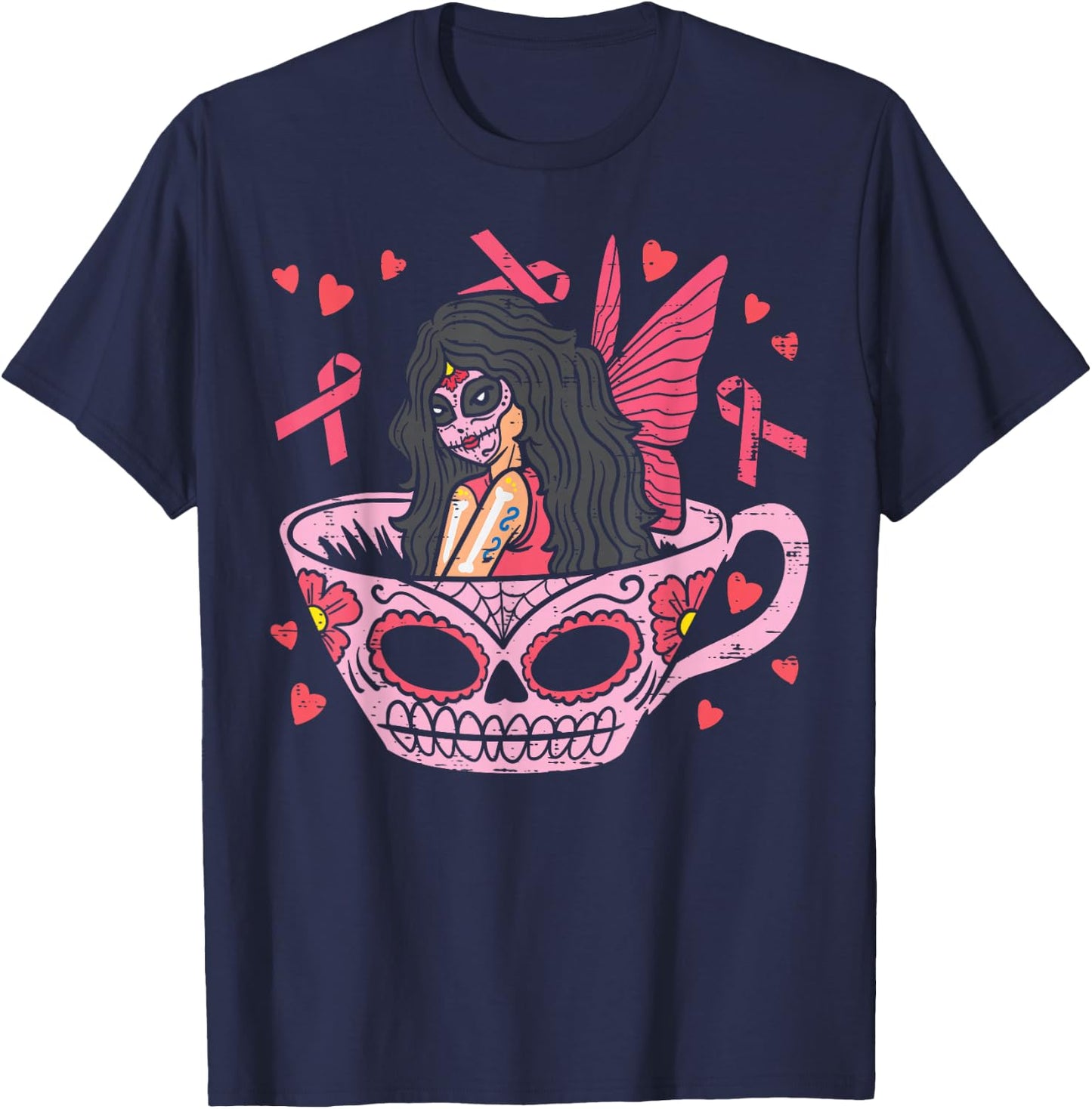 Sugar Skull Fairy In Tea Cup Breast Cancer Awareness Mexican T-Shirt - T-Shirt | Navy