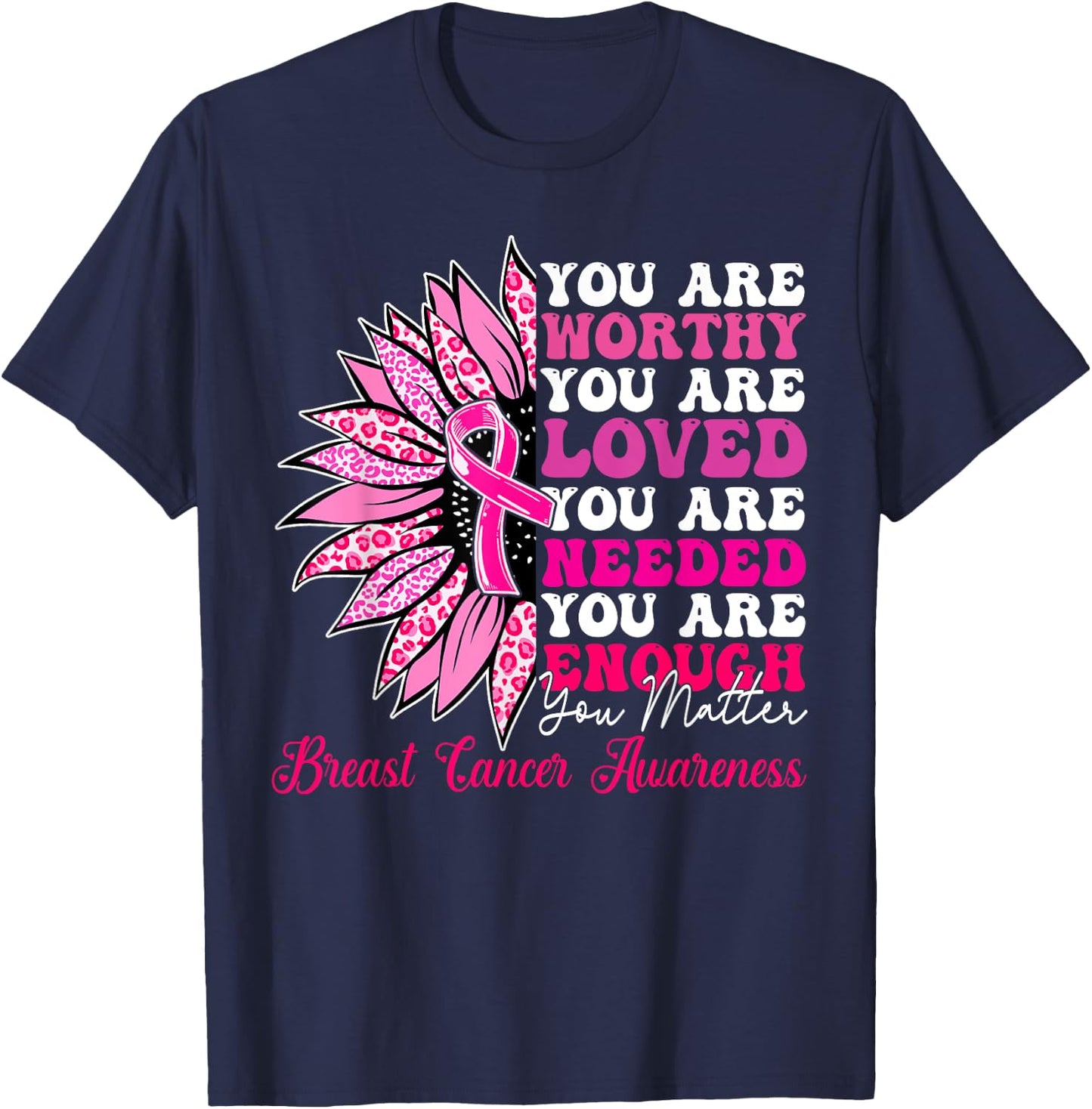 Sunflower Pink Breast Cancer Awareness Women Girls Warrior T-Shirt - T-Shirt | Navy