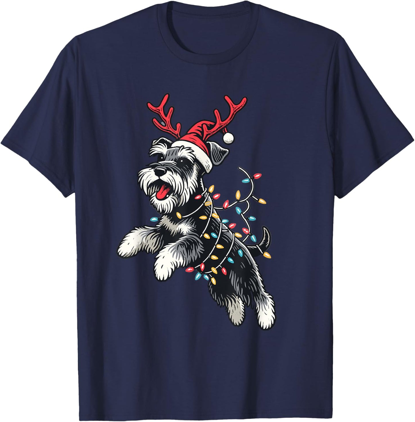 Miniature Schnauzer Dog Santa Hat Christmas Lights Pajama Women Kids T-Shirt - T-Shirt | Navy